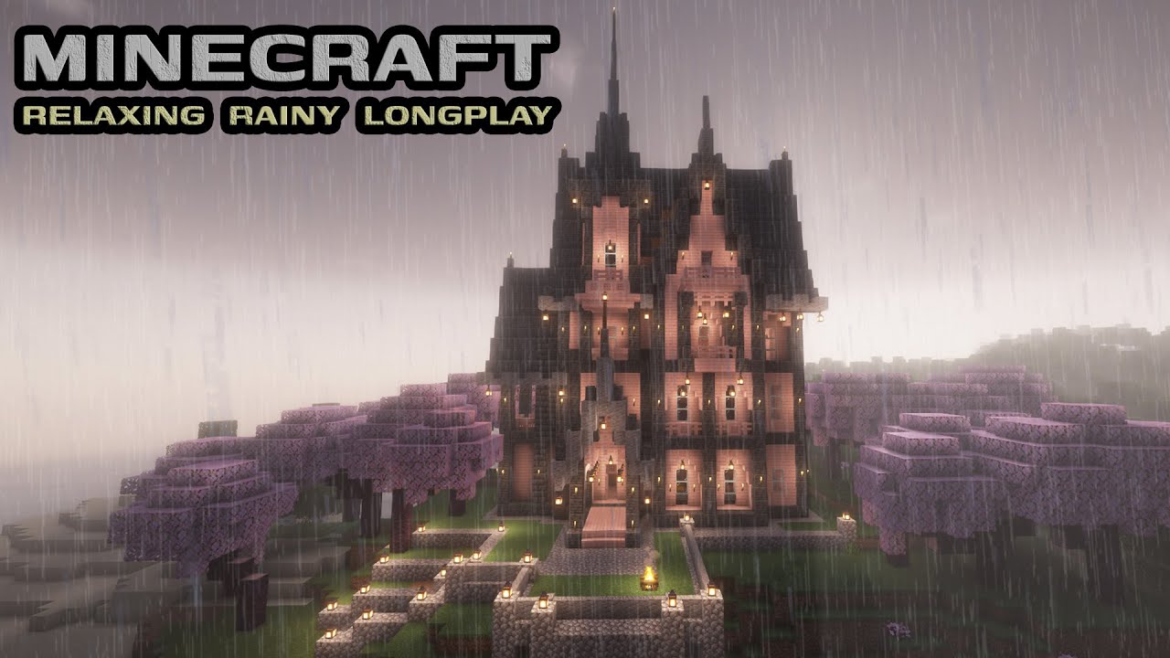 Minecraft Relaxing Rain LongPlay – Cherry Blossom Gothic Mansion  Rainy Cozy  Build  No Commentary