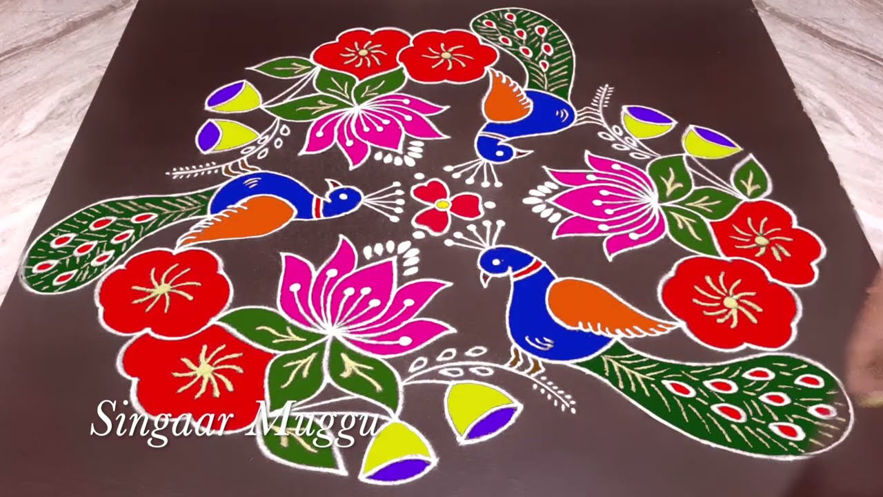 Peacock Rangoli with 11X6 dots | Mayil kolam | Peacock muggulu | Lotus flower rangoli