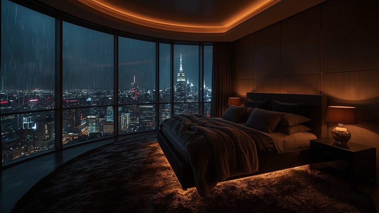 Cozy Highrise Bedroom Ambience | Soothing Music & Heavy Rain for Reading & Sleeping (No Ads)