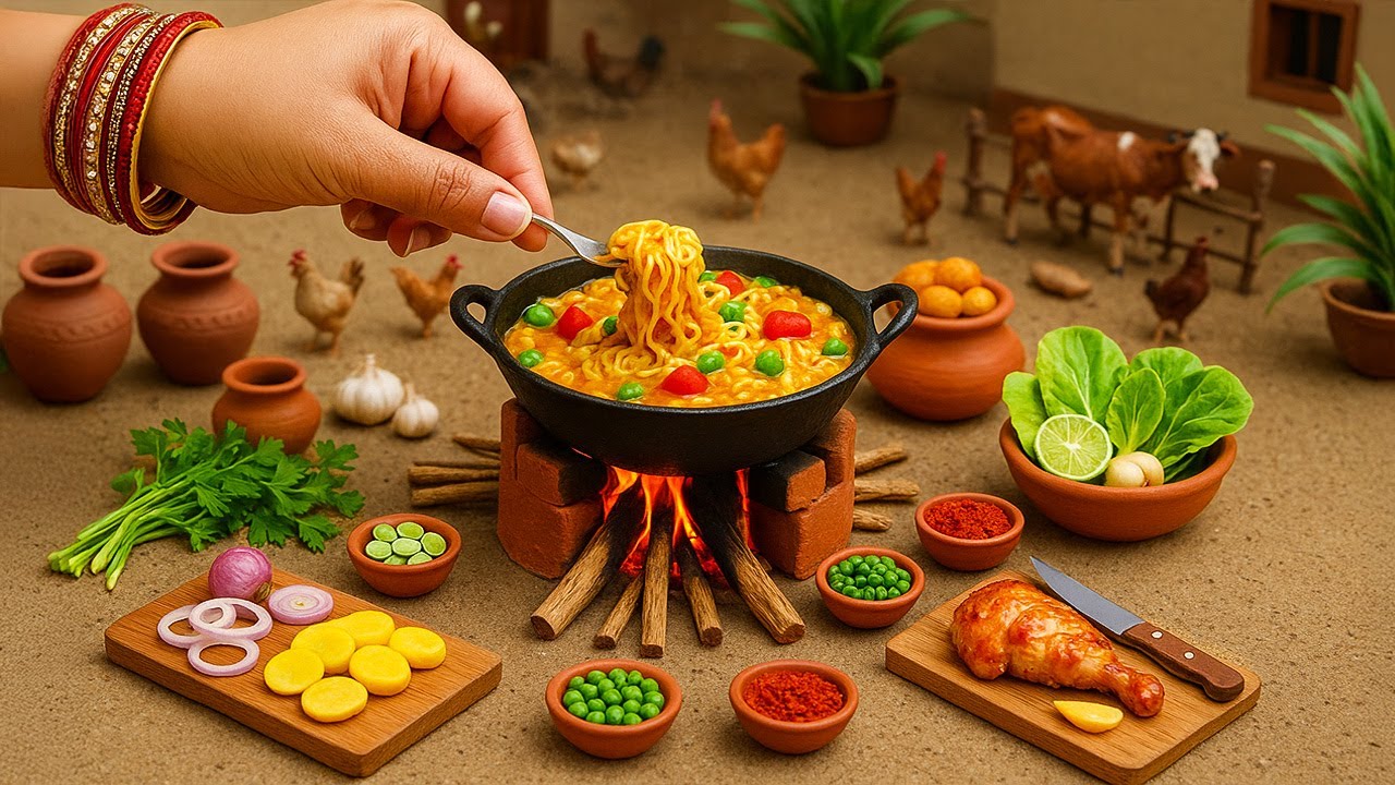 Yummy Miniature Masala Noodles Recipe 🍜 Indian Village Cooking | Tiny Foodkey