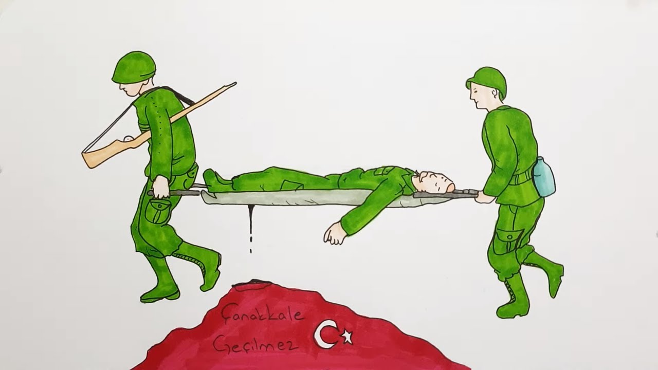 Yaralı Asker Taşıyan Askerler 1915 Çanakkale Savaşı / 18 mart resmi çizimi