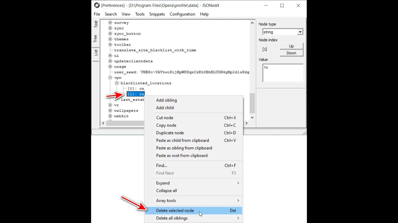 Восстановление VPN в Браузере Opera GX с помощью утилиты JSONedit