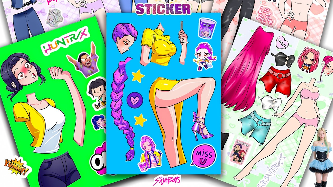 Oddly Satisfying ASMR Sticker Book Huntrix Idol Yellow Dress & Red Shorts Makeover! 💖 Paper DIY #216