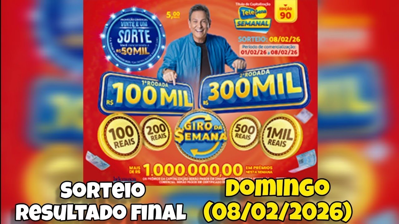 RESULTADO FINAL: TELE SENA SEMANAL edição 90 Sorteio 08/02/2026 - 5 reais - vermelha