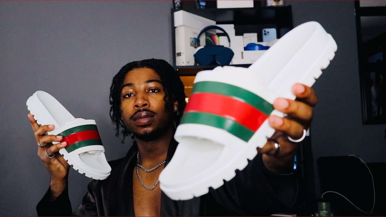 GUCCI WHITE RUBBER WEB SLIDE SANDAL DETAILED REVIEW + ON FEET‼️