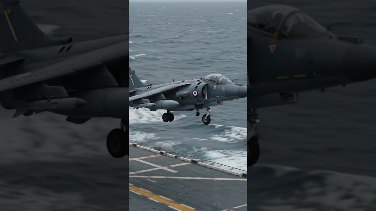 A fighter sea harrier landing in a war ship.#ai #fighter #warships