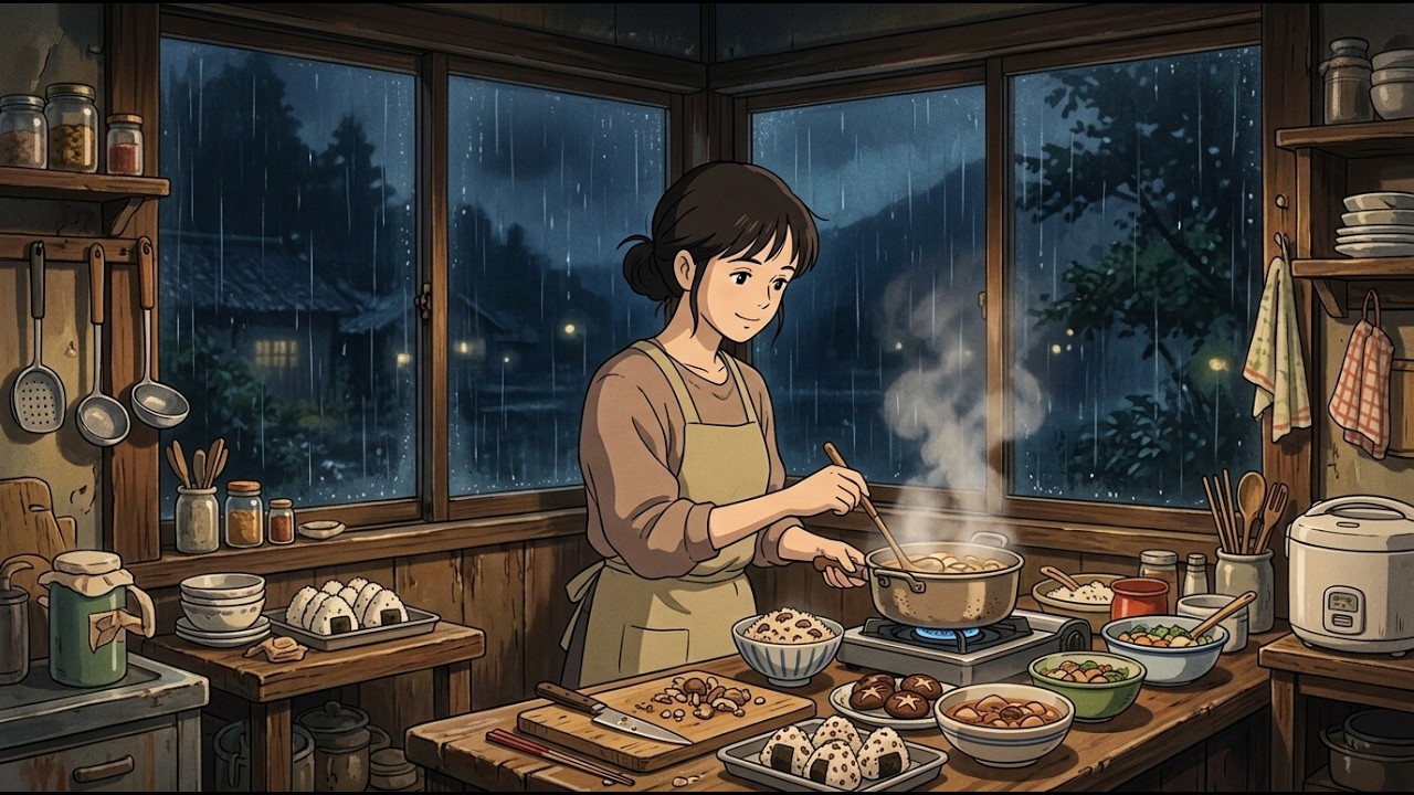 A Rainy Night in a Japanese Village 🌧️ Wild Mushroom Dinner & Warm Family Meal | Ghibli-Style ASMR