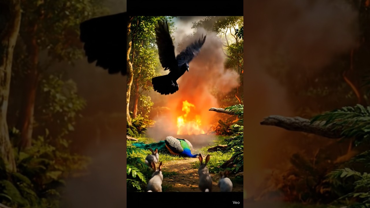 ai generated video forest fire 🔥 peacock 🦚 and crow 🐦‍⬛ 