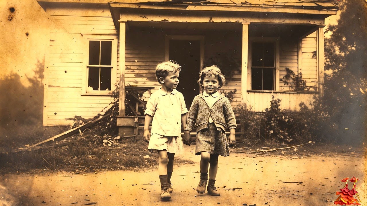 Photo de 1932 : Deux Jumeaux Quittent Leur Maison en Ruines et Marchent Vers un Destin Inconnu