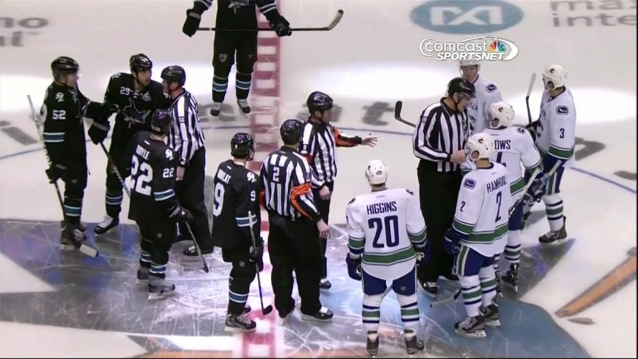 Opening faceoff scrum 27 Jan 2013 Vancouver Canucks vs SJ Sharks NHL hockey