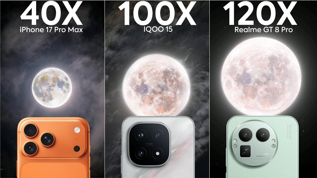 Сравнение тестов Live Zoom IQOO 15, iPhone 17 Pro Max и Realme GT 8 Pro