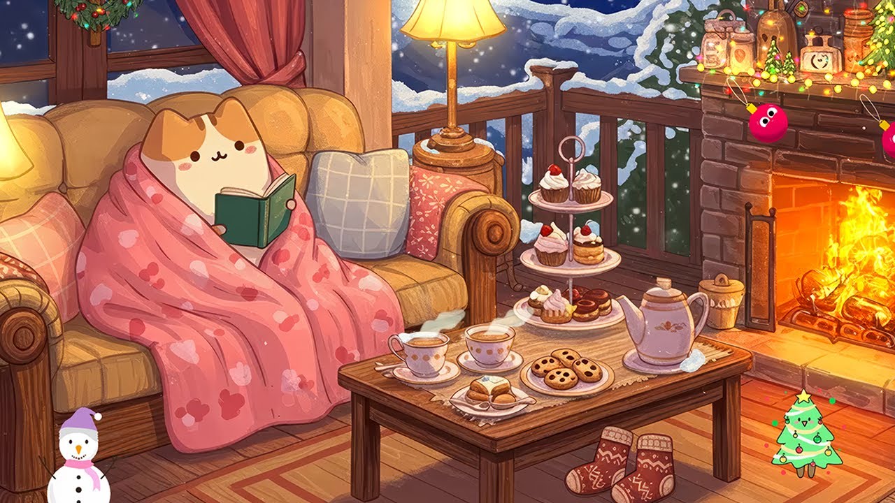 Cat's Cozy Fireplace Reading 🔥 Winter Lofi ❄️ Soft Lofi Beats for Holiday Study & Calm