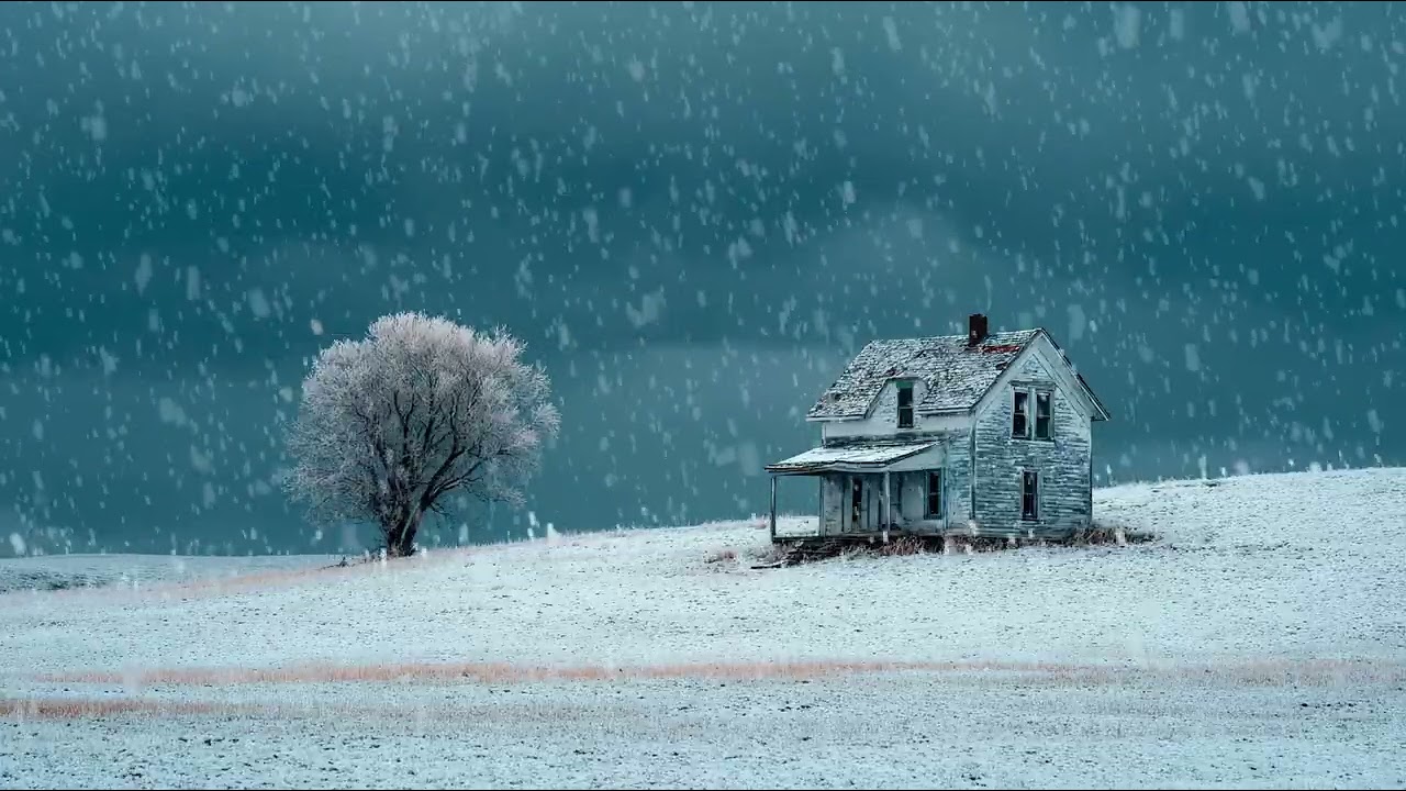 Old farmhouse covered in snow at night | Quiet winter ambience for sleep, focus, and relaxation