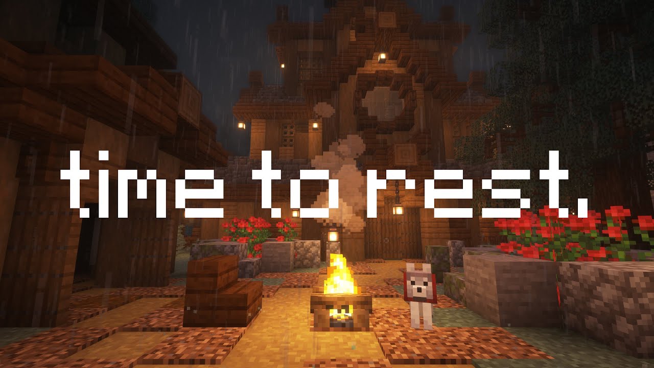 wet lantern glow (minecraft rainy night — fire, dog & roses)
