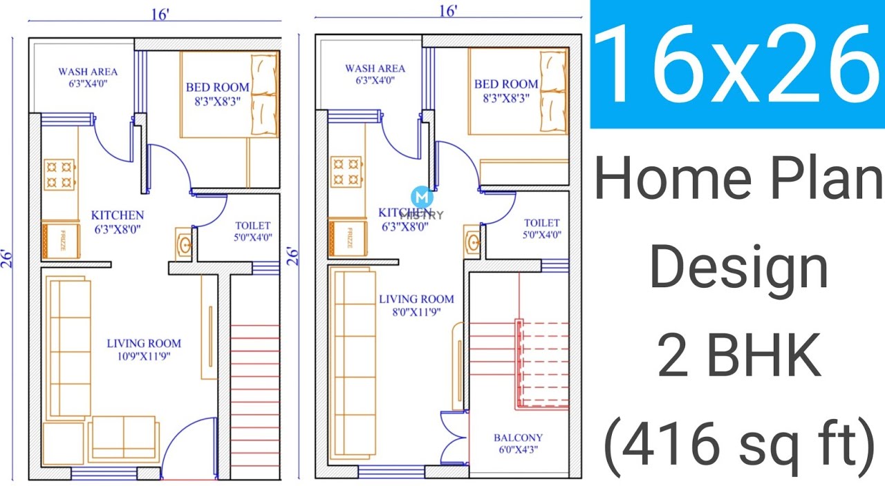 16x26 home plan | 2 BHK | 416 Sq.ft. |