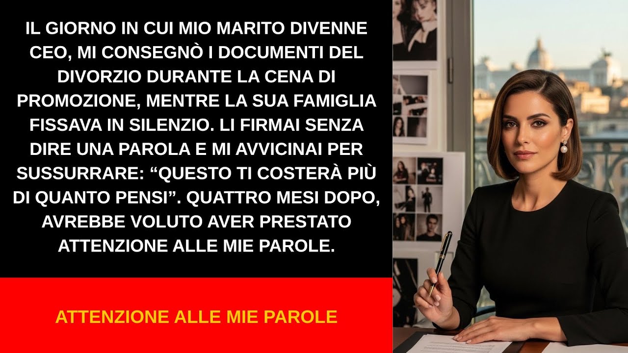 Mio marito mi consegnò i documenti del divorzio alla cena della promozione; quattro mesi dopo ora!