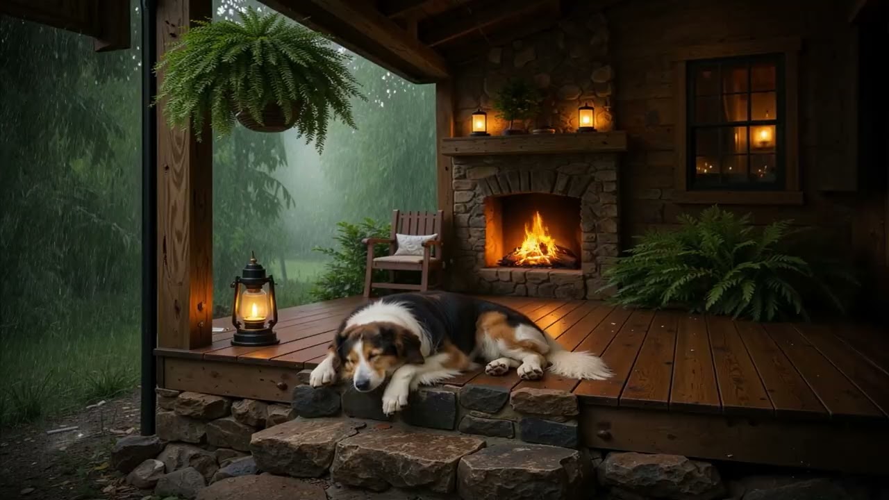 Piney Woods Porch 🐕🌧️🔥 | Sleeping Dog, Cozy Rain & Fireplace Sounds (10 Hours)