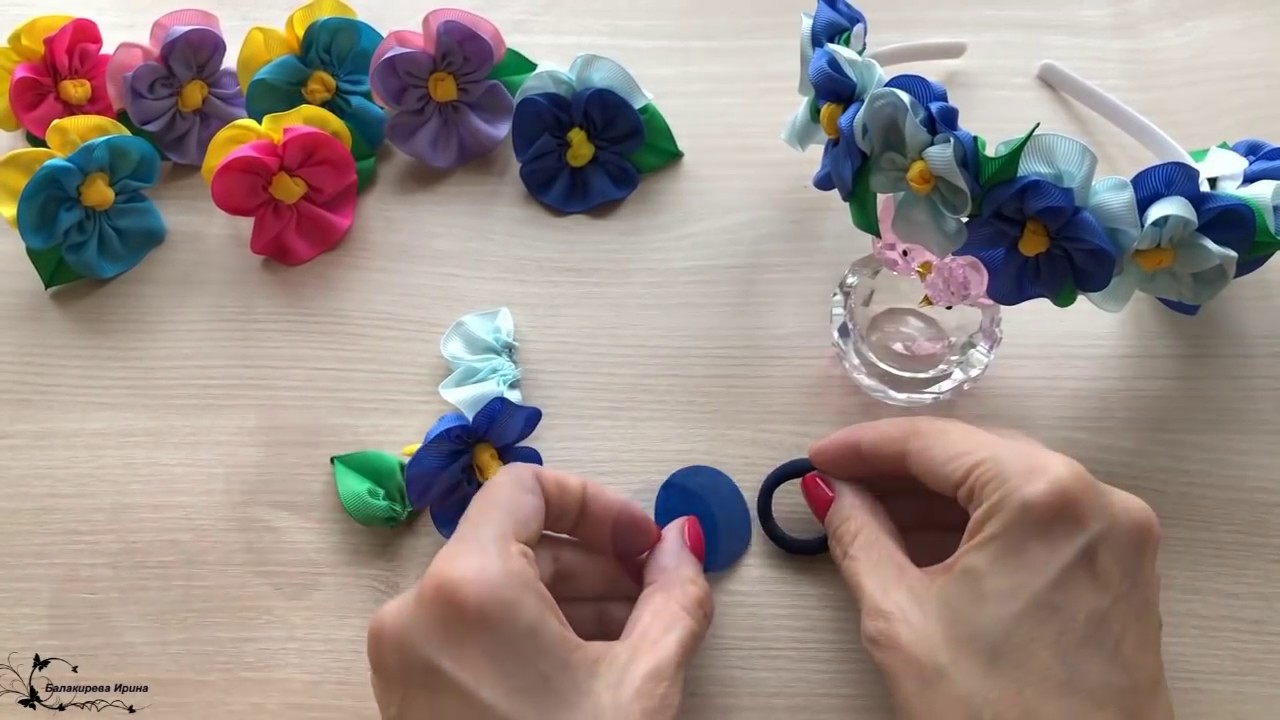 ✿Анютины глазки-✿ цветы КАНЗАШИ  из лент простой способ. МК /DIY Kanzashi flowers/Pansies.