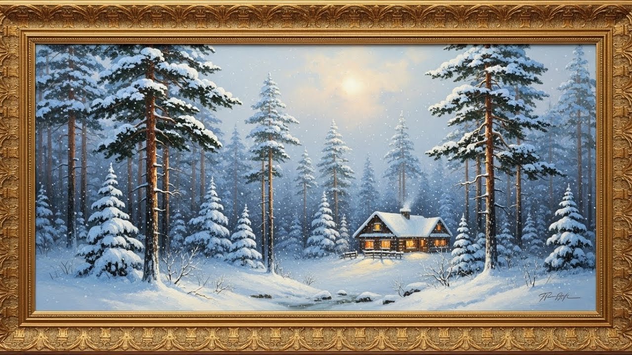 Luxury Winter Cabin ❄️ Gold Frame Snow Landscape | 4K Ultra HD Screensaver