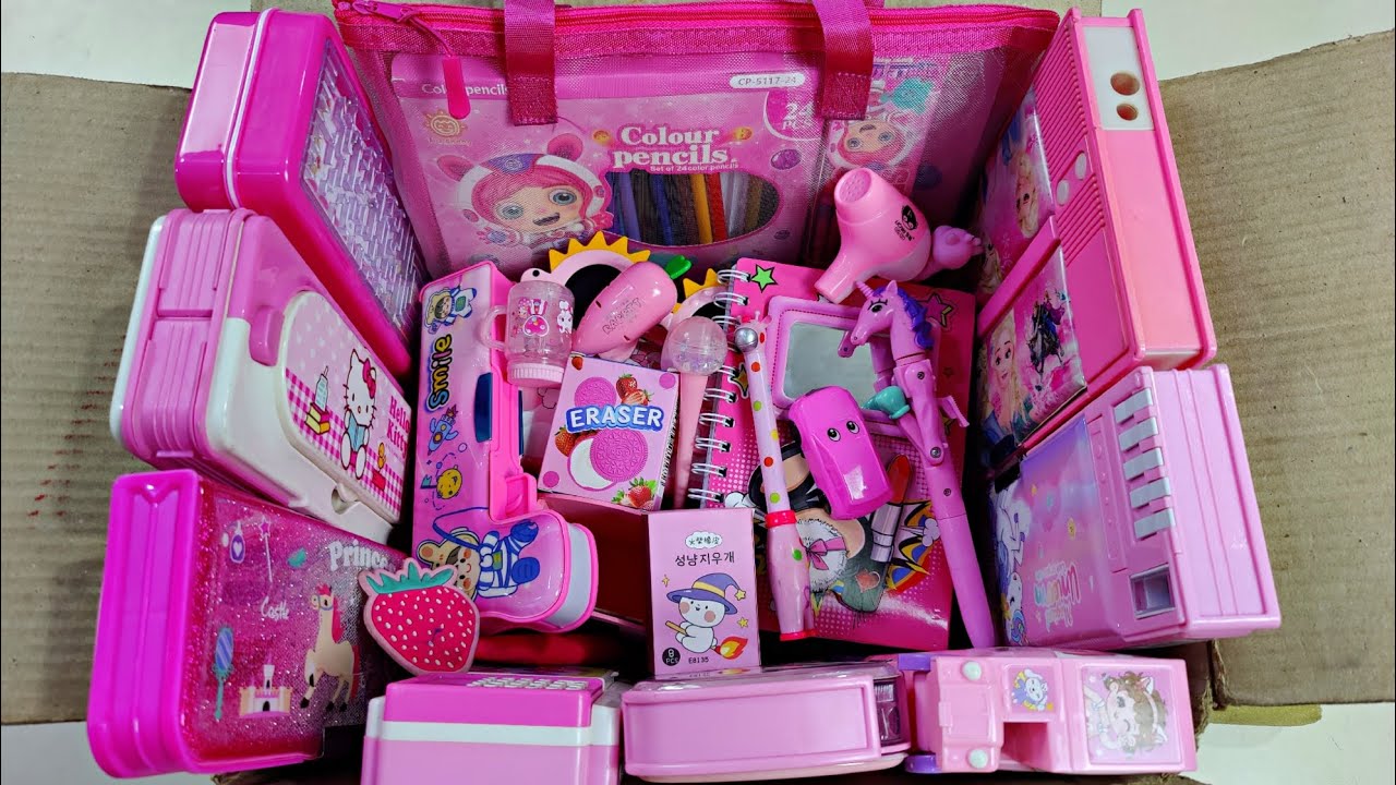 Box full of cute pink stationery items, pencil box, boxing pen, retractable eraser, colour kit, toy