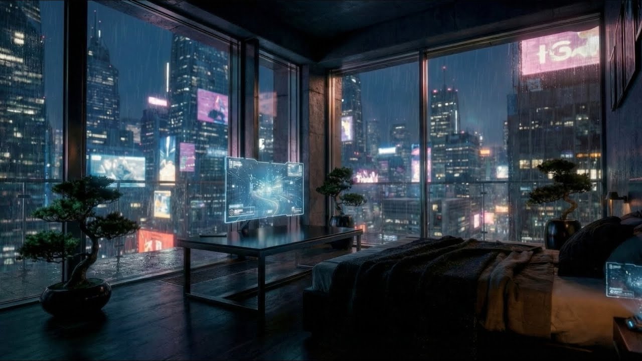 Cyberpunk Bedroom | Night Rain Ambience for Sleep