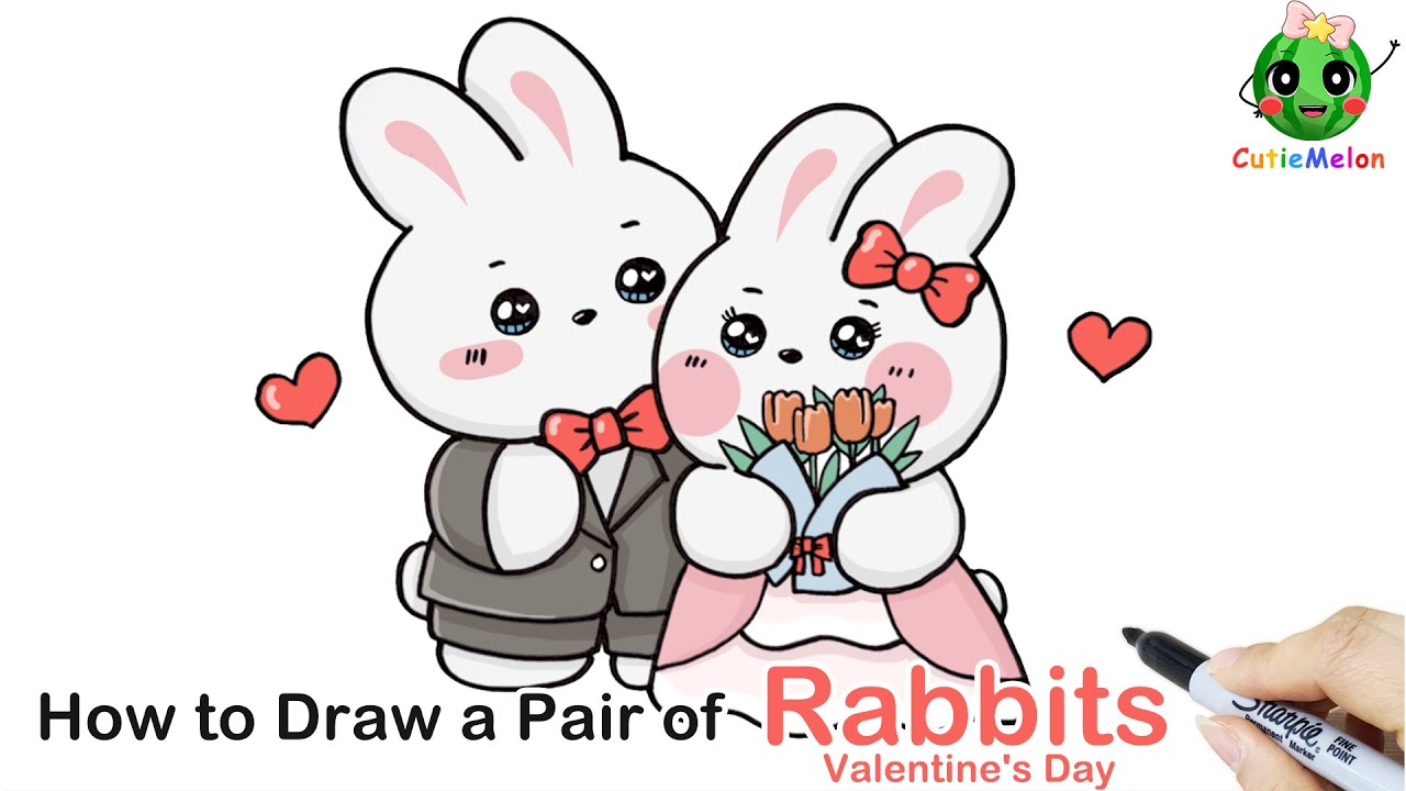 儿童简笔画一对可爱的兔子情侣 How to Draw a pair of cute Rabbits for Valentine's Day Arts！ Easy Drawings for kids