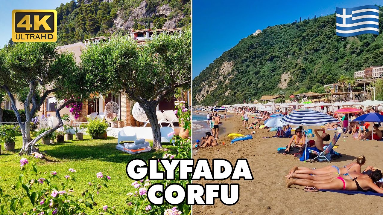 GLYFADA BEACH Corfu Island Greece 🇬🇷 | Golden Sands and Azure Waters | Beach Walking Tour [4K UHD]