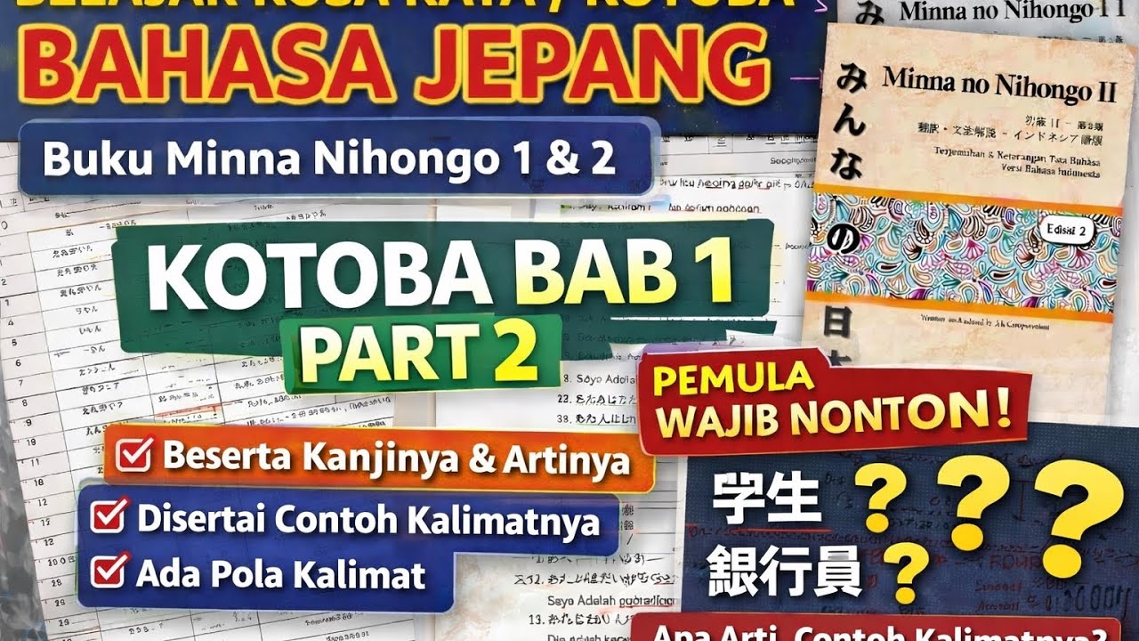LANJUT PART 2! Kotoba Bab 1 Minna no Nihongo📚 Lengkap Arti, Kanji & Contoh Kalimat #languagelearning