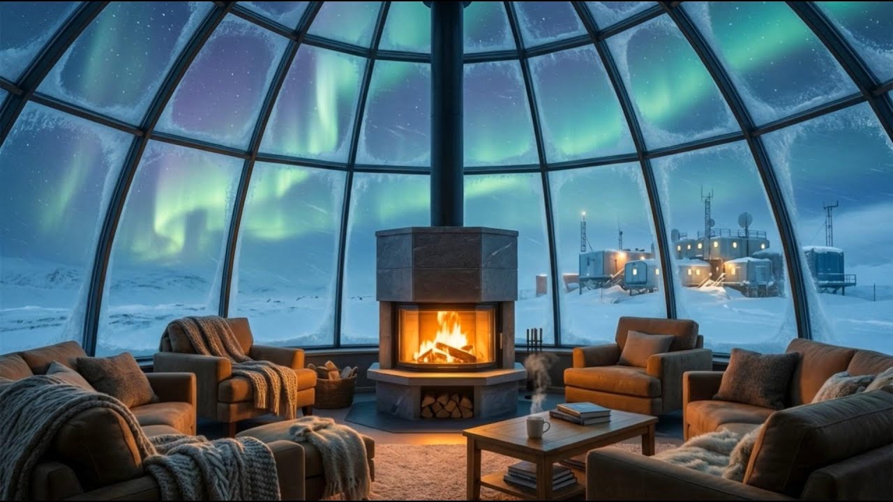 Inside a Glass Dome Under the Northern Lights ❄️🔥 7 Hours Cozy Fireplace for Deep Sleep