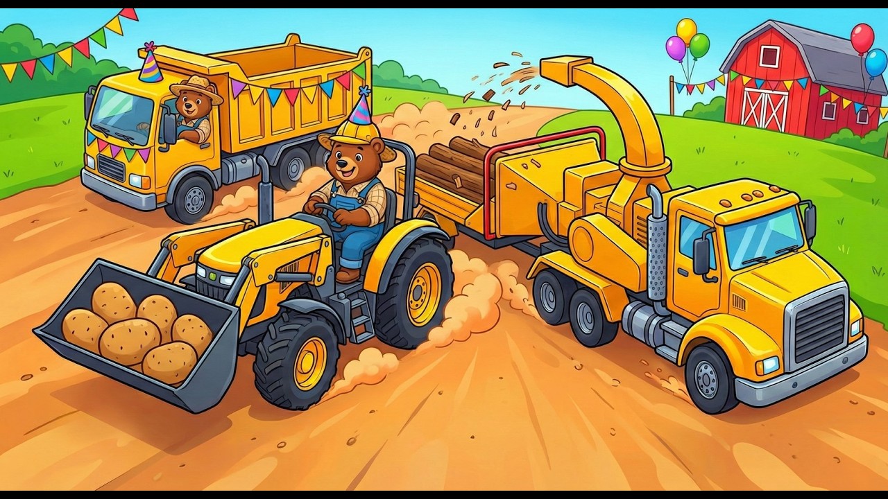 Amazing Wood Chipper Truck & Tractor Parade! 🚜 Bear Farmer Harvest Festival & Race | Farm Cartoons