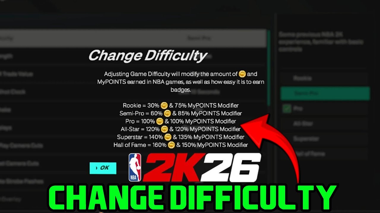 NBA 2K26 How to CHANGE DIFFICULTY in MYCAREER