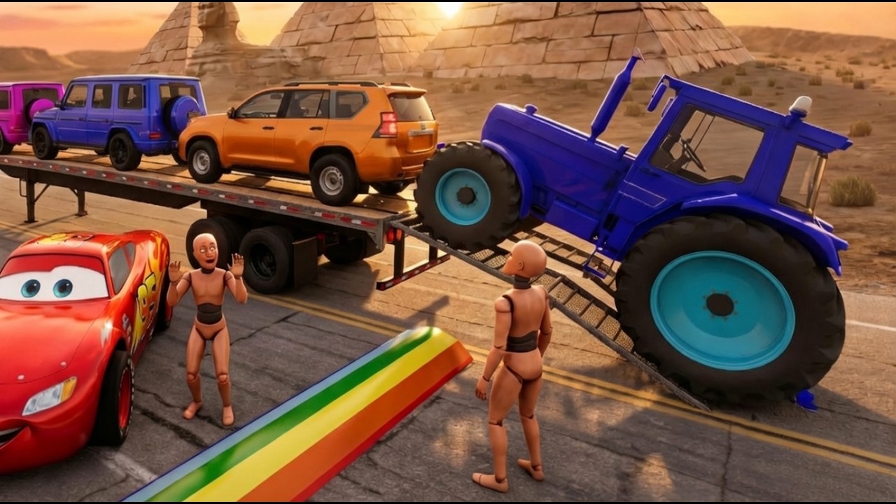 TRANSPORTING PIXAR CARS & FRUITS WITH COLORED & JOHN DEERE vs CLAAS vs TRACTORS - BeamNG.drive #78