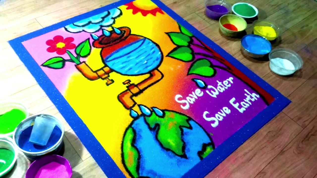 save water , save Earth rangoli for competition. Competition rangoli step by step with voice demo.