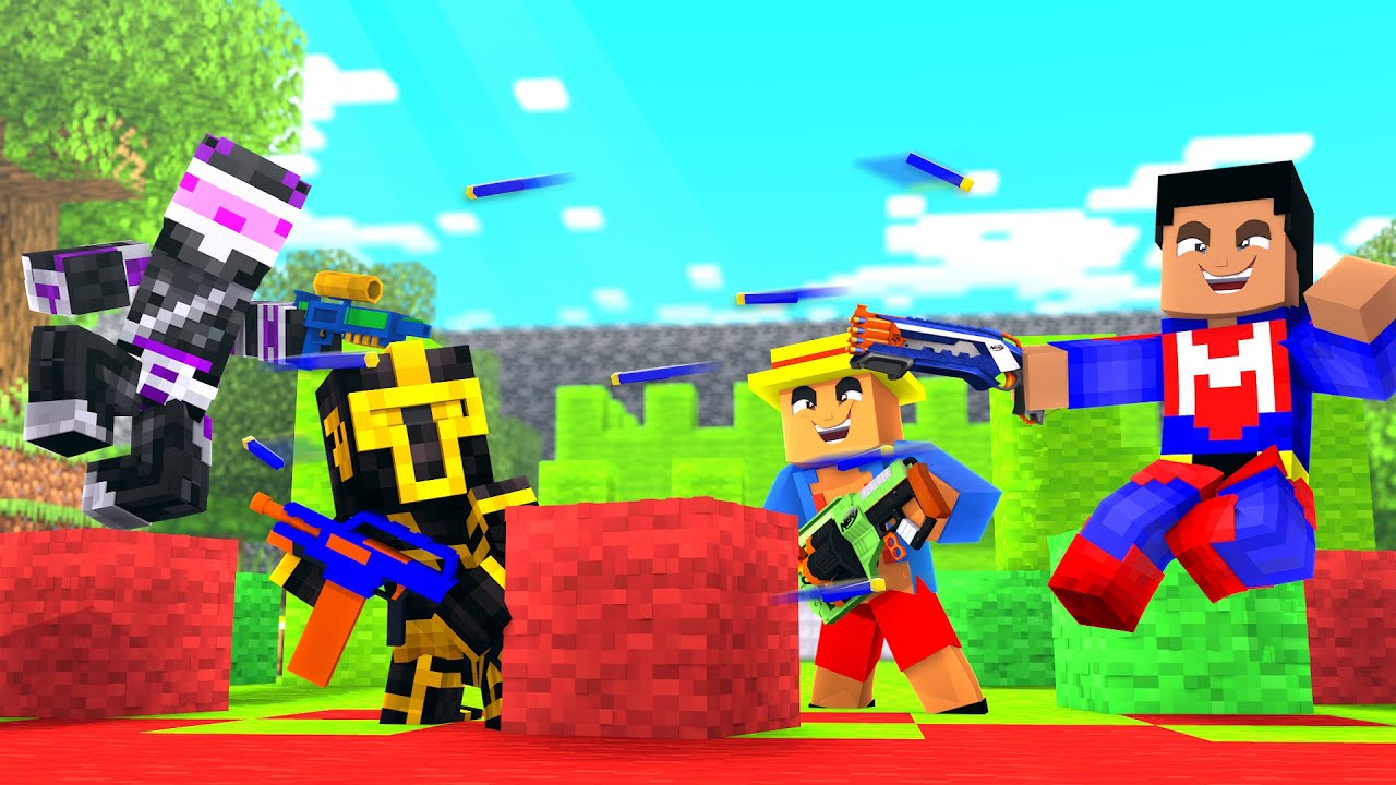 PELEA DE PISTOLAS NERF CON MIS AMIGOS YOUTUBERS EN MINECRAFT TROLL 😂