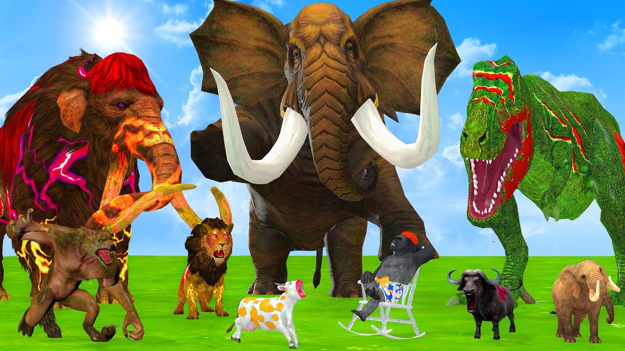 10 Mammoth Elephant Cow vs ZOMBIE African Tiger Dinosaur Wolf Fight Gorilla Saved by Woolly Mammoth