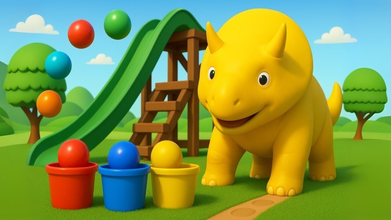 Dino bawi się piłeczkami i uczy się kolorów
