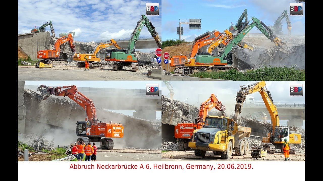 [MEGA Brückenabbruch] A6 Heilbronn: CAT 352F, HITACHI 690, LIEBHERR R 946,..., Germany, 20.06.2019.