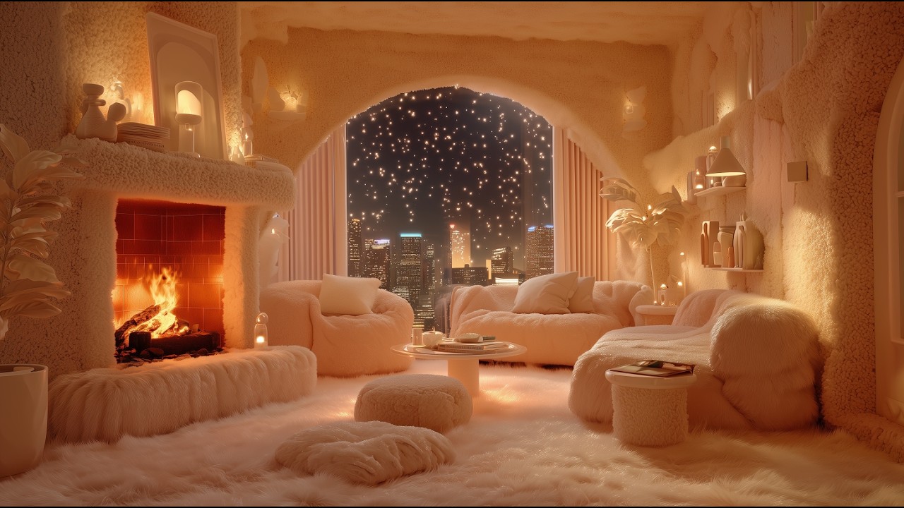 (NO ADS) Cozy Fireplace Ambience | Soft Fluffy Living Room • Crackling Fire 