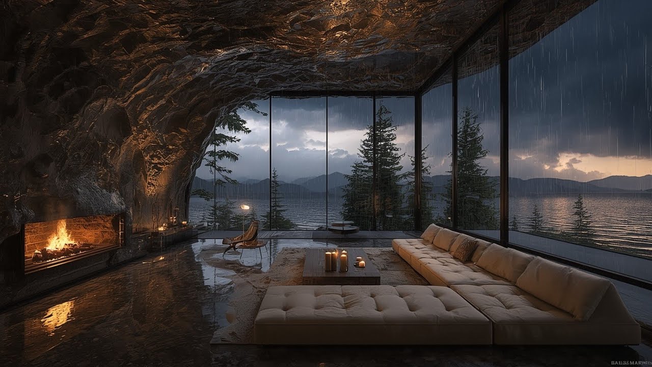 Luxury Stone Living Room | Evening Rain & Sunset Views #rainoundforsleep #cozyambience #sleepsounds 