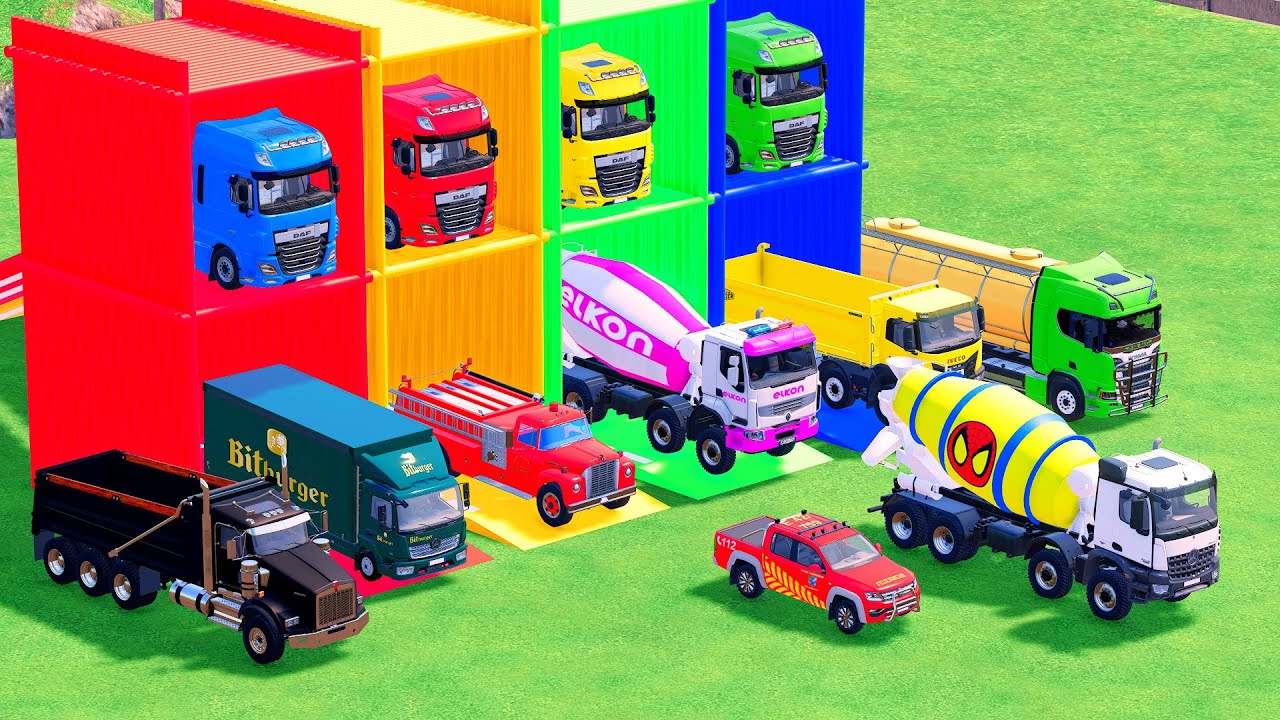 Garage with Colors - ALL MIXER TRUCK WITH DOUBLE FLATBED TRAILER TRUCK, MERCEDES, VOLVO, KAMAZ