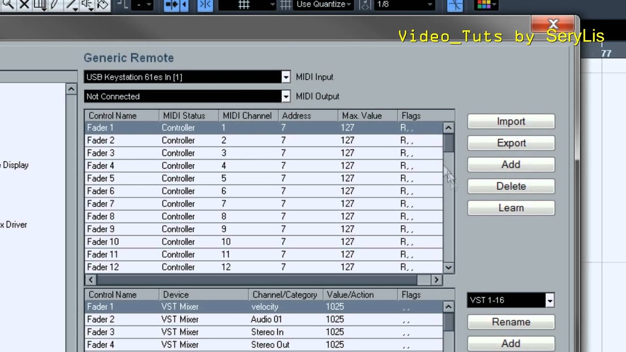 Cubase 5 (Назначение контроллеров MIDI клавиатуры)
