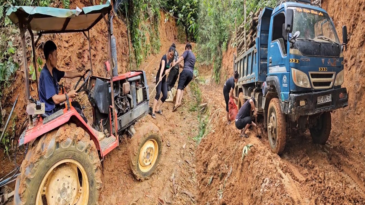 the driver and the girl driving a car carrying wood on the mountain.
