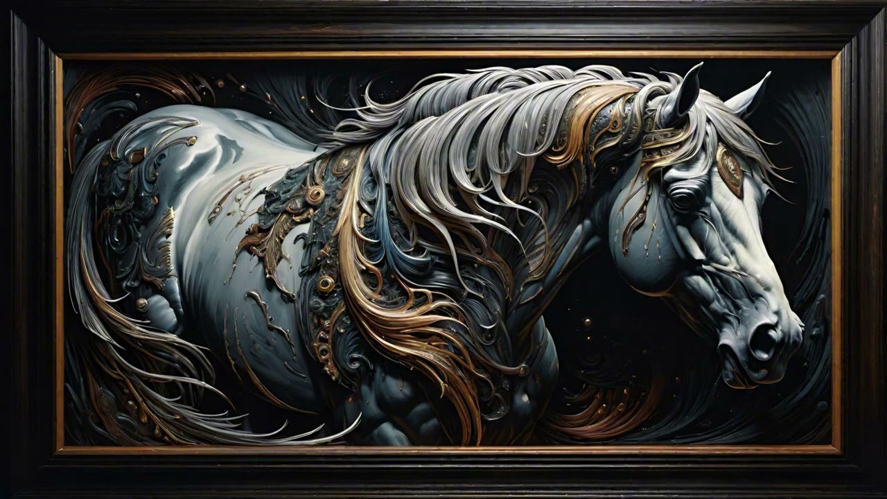 Gold Framed Vintage Art Screensaver For Tv | Golden Stallion | Tv Art | 4k Wallpaper | Modern Art |