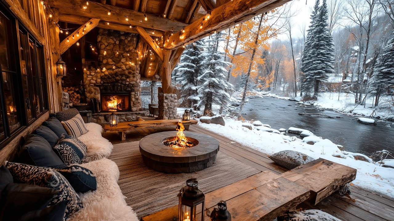 This Cozy Winter Riverside Porch Campfire and Nature Sounds Feels Like a Safe Place