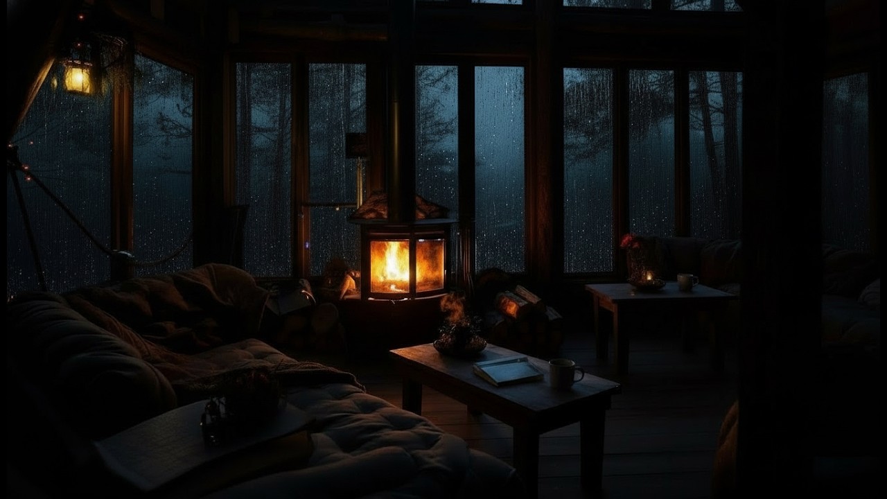 Cozy Night and Rain Sounds with Crackling Fireplace in Cozy cabin to Relaxation