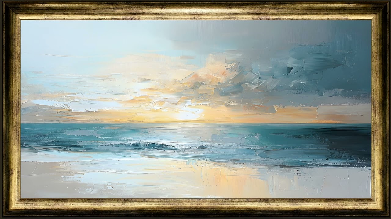 Sunrise Seascape ~ vintage oil painting ~ gold framed tv art screensaver