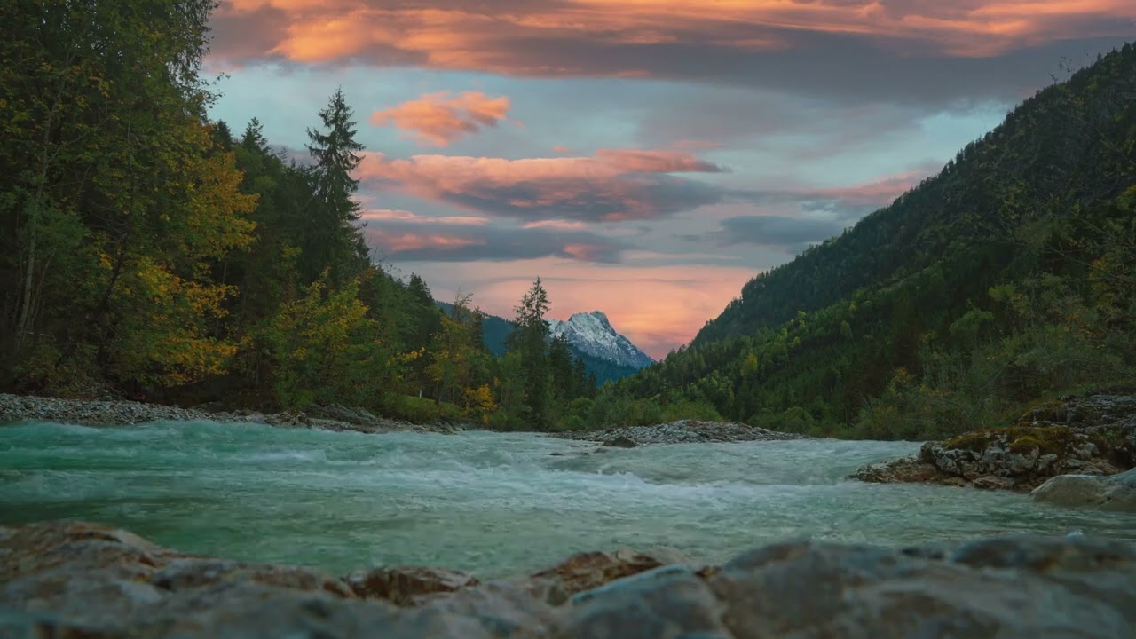 Scenic Natural Mountain River in the Austrian alps in Tyrol, Vibrant Sky - Water Rush Sounds