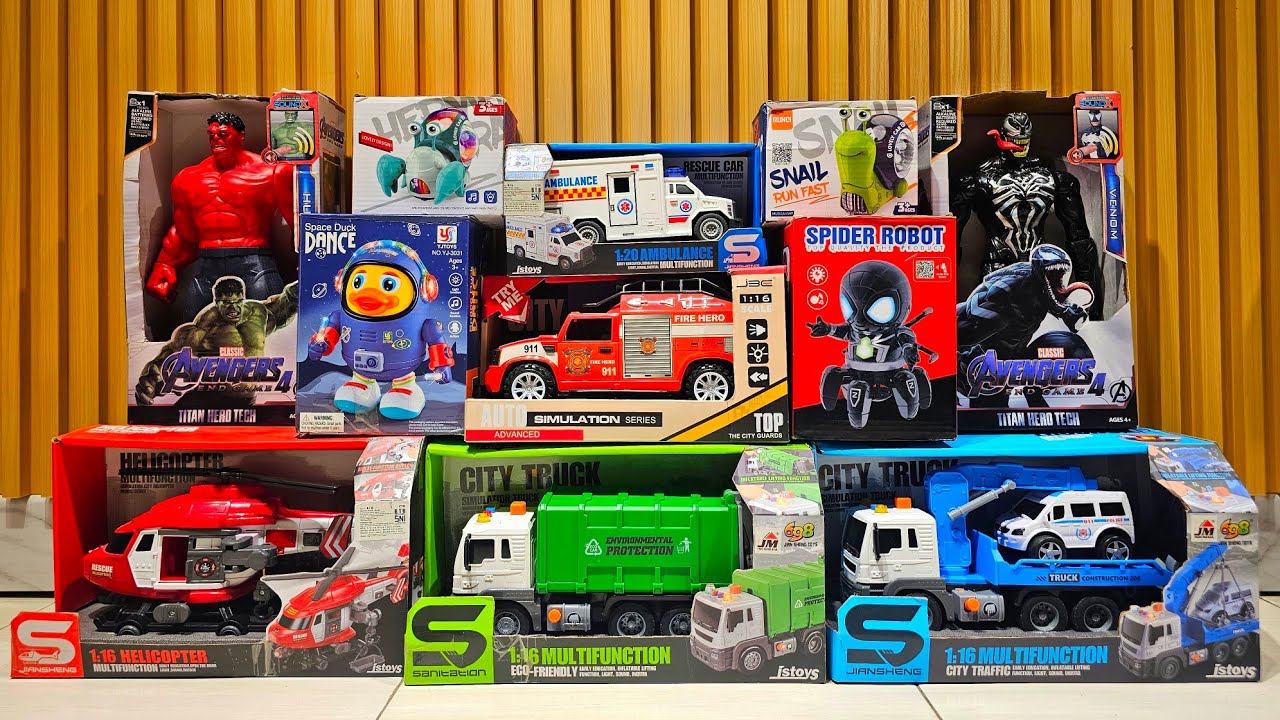 Unboxing Truk Oleng, Mobil Ambulans, Truk Pemadam, Excavator, Bajai, Helikopter, Truk Spiderman