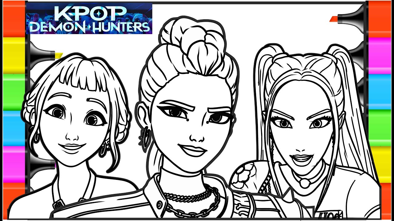 Satisfying Coloring - Rumi, Mira, Zoey characters / KPop Demon Hunters coloring page