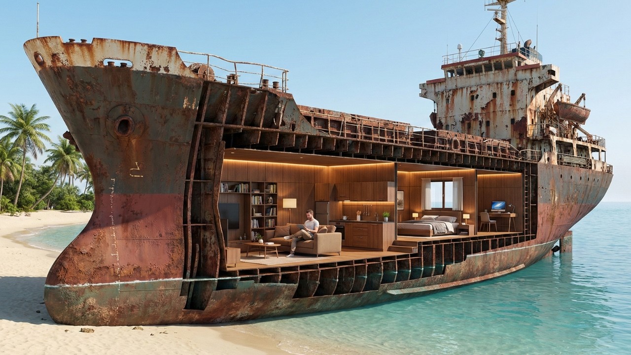 This man Built a HOUSE inside an TANKER  — Building a house in the abandoned tanker (ASMR)